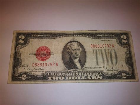 Series 1928 F US $2 Two Dollar Bill Red Seal Serial Number D88810792A ...