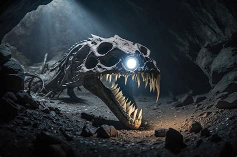 Premium Ai Image Excavators Headlamp Illuminating Dinosaur Bones In