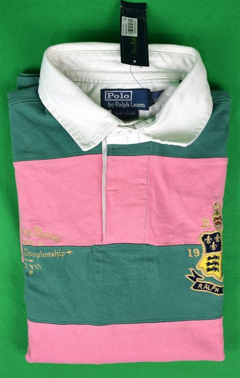 Polo Ralph Lauren Pink Green Rugby Stripe Twill Sport Shirt Sz L N