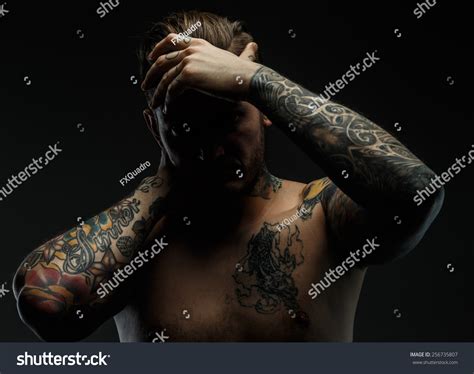 Portrait Man Naked Torso Tattooes Dark Stock Photo Shutterstock