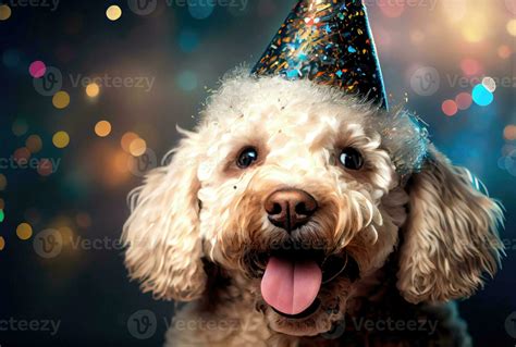 Closeup of portrait happy Poodle do wearing party hat for celebration ...