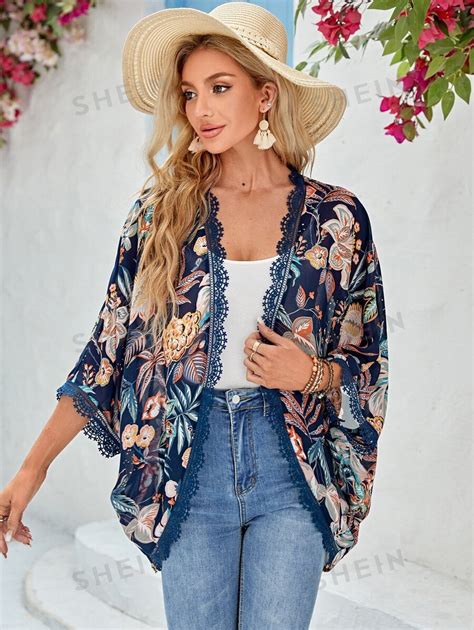 Emery Rose Tropical Print Contrast Lace Batwing Sleeve Kimono Shein Usa