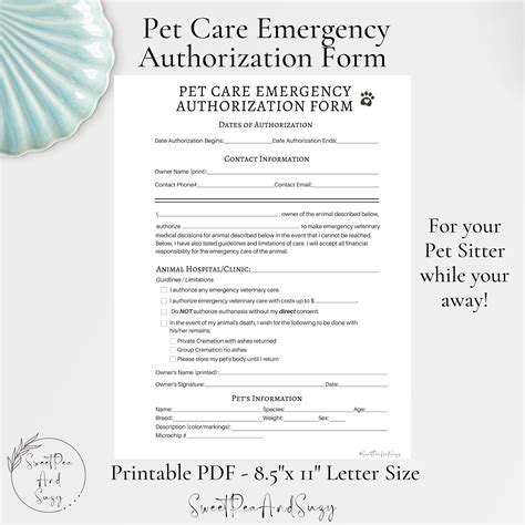 Pet Care Emergency Authorization Form Pet Care Pet Sitter House