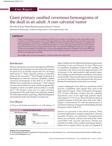 PDF Giant Primary Ossified Cavernous Hemangioma Of The Skull In An