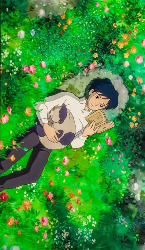 An Anime Character Laying In The Grass With A Cat On His Chest And