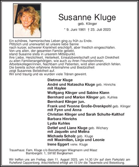 Traueranzeigen Von Susanne Kluge Sich Erinnern De