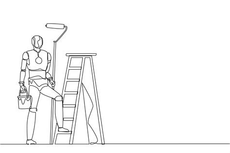 Single One Line Drawing Robot Painter Standing With Painting Roller