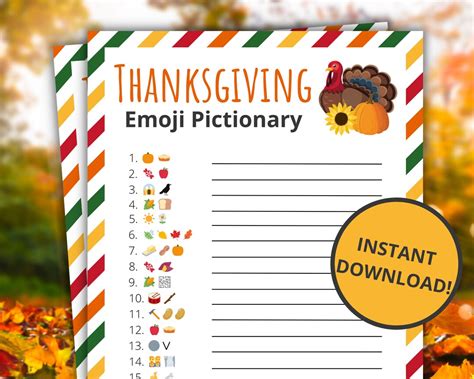 Thanksgiving Emoji Pictionary Printable Thanksgiving Game Thanksgiving