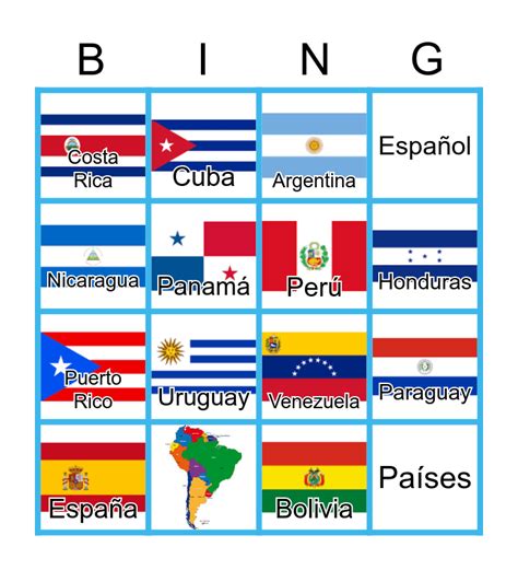 Spanish Speaking Countries And Flags Bingo Card