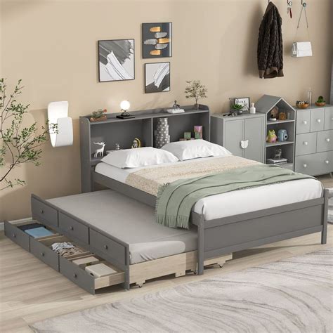 HomSof Full Bed with Bookcase, Twin Trundle, and Drawers - Gray