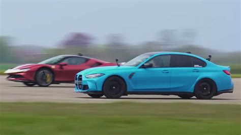 Watch Ferrari SF90 Stradale Hybrid Drag Race Tuned BMW M3 With 750 HP