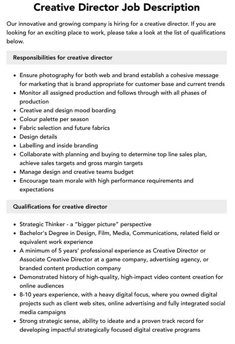 Creative Director Job Description Velvet Jobs