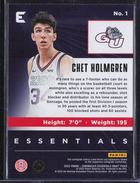 CHET HOLMGREN 2022 PANINI CHRONICLES DRAFT PICKS 1 RC ESSENTIALS