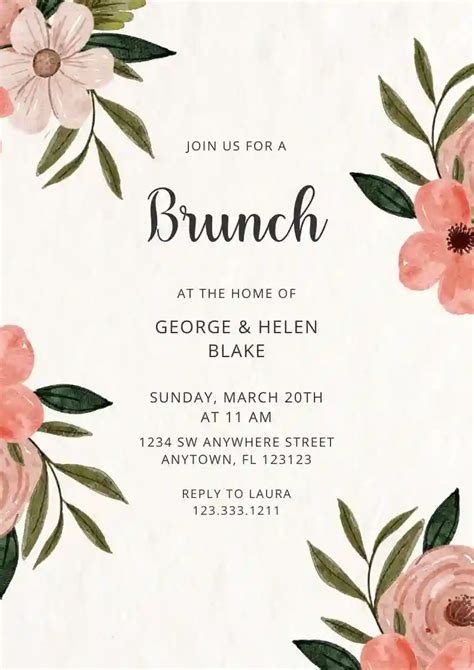 Wild Flower Gold Border Free Brunch And Lunch Invitation Templates