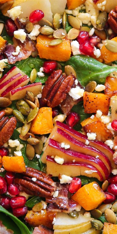 Fall Harvest Salad With Spinach Butternut Squash Apple Pear Pecans Pumpkin Seeds Bacon