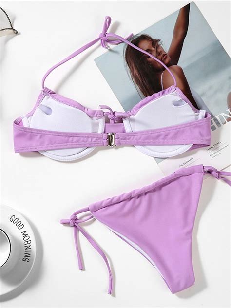 Emmiol Free Shipping 2024 Halter Underwire Bikini Set Lilac L In Bikini