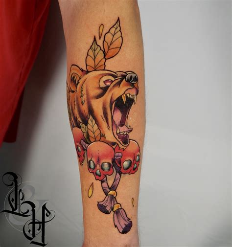 Color Neotraditional Growling Bear Tattoo - Love n Hate