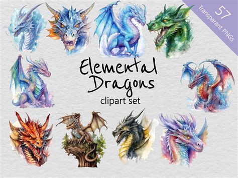 Elemental Dragons Watercolour Clip Art Set 57 Designs Transparent PNG ...