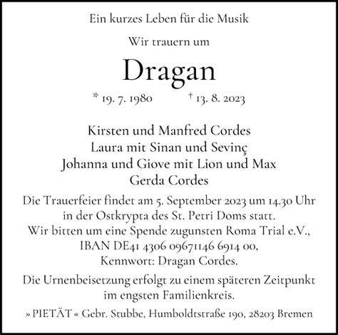 Traueranzeigen Von Dragan Cordes Trauer Gedenken