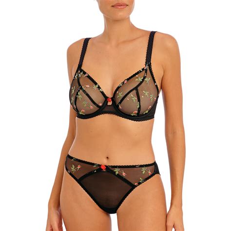 Soutien Gorge Plongeant Transparent Broderies Florales Rose Blossom Noir