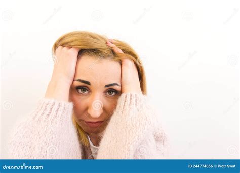 Close Up Portrait Of Disappointed Discouraged Woman With Blond Hair And