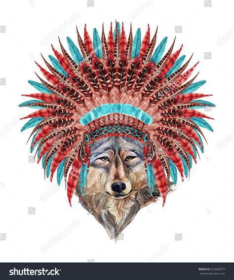 Wolf Native American Headdress Feathered War Stock Illustration ...