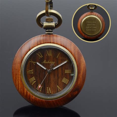 Engraved Wood Case Roman Numeral Pocket Watch