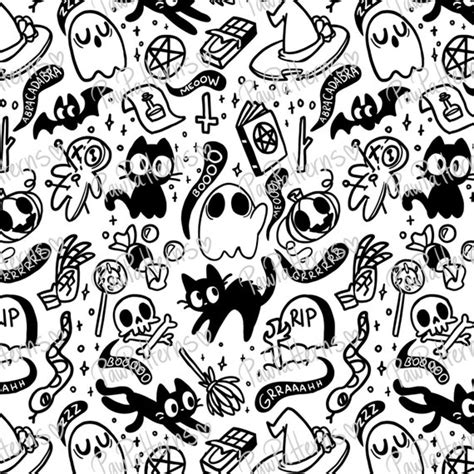 Black And White Halloween Doodly Seamless Pattern Illustrated Etsy