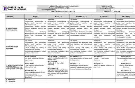 Dll Mtb 1 Q3 W4 Daily Lesson Log Grades 1 To 12 Daily Lesson Log School Tambacan Elementary