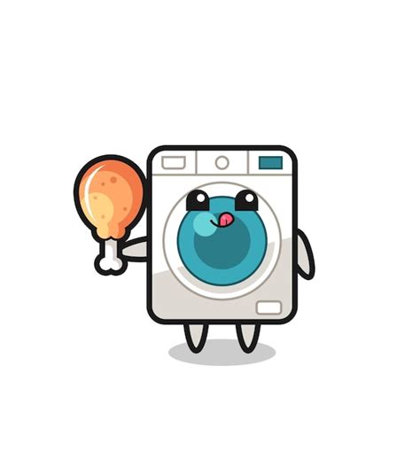 Premium Vector Washing Machine Cute Mascot Is Eating A Fried Chicken