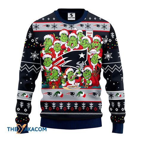 Ugly Christmas Sweater New England Patriots 12 Grinch Black Grey Masami