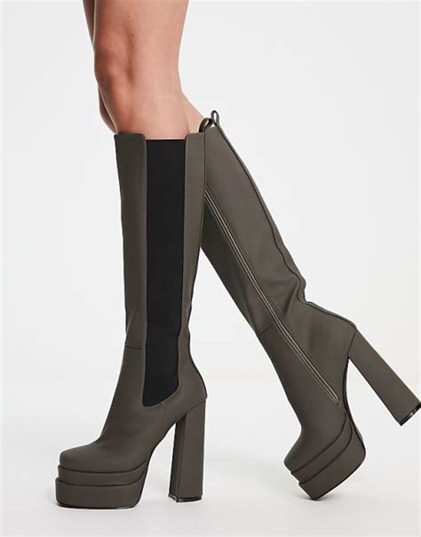 Simmi London Martha Platform Heel Knee Boots In Olive Green Asos