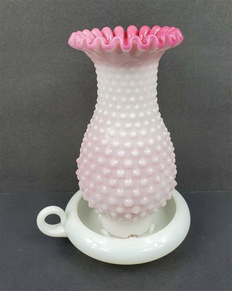 Vintage Fenton 1950 S Peach Blow Milk Glass Hobnail 7 5 Hurricane Lamp