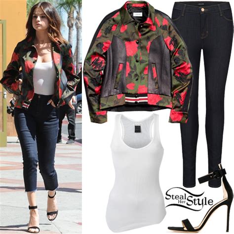 Selena Gomez Rose Printed Jacket Blue Jeans Steal Her Style