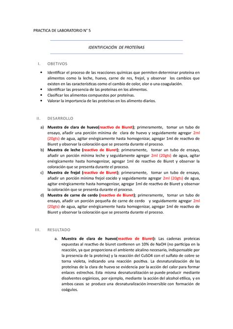 Practica De Laboratorio N°5 Practica De Laboratorio N° 5 IdentificaciÓn De ProteÍnas I