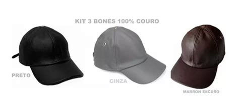 Boné De Couro 100 Couro Legítimo Kit 3 Preto cinza marron