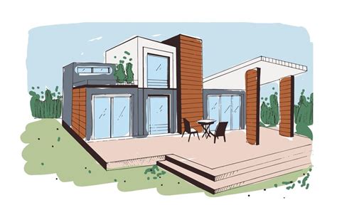 Premium Vector | Modern house exterior design from glass, concrete and wood. sketch of home with ...