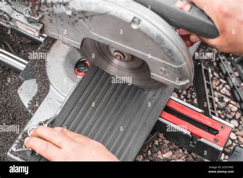 Miter Saw Cutting Of Composite Deck Shavings Stock Photo Alamy