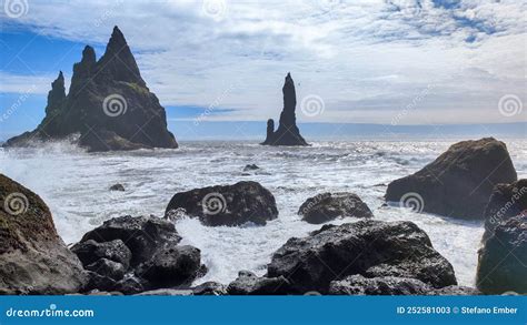 Sea Stacks Of Reynisfjara Beach Near Vik In Iceland Stock Image Image