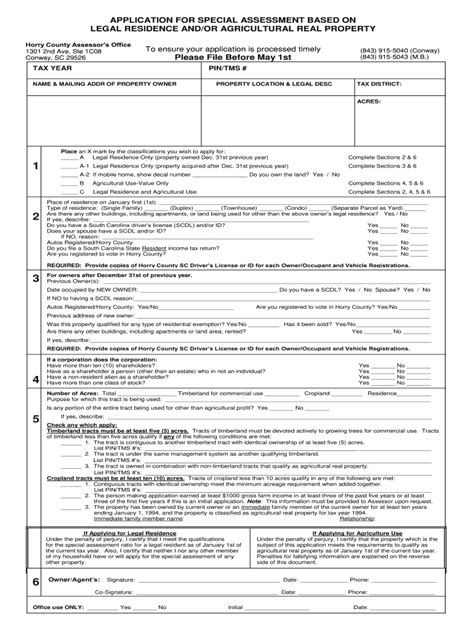 SC Application For Special Assessment Based On Legal Residence And Or