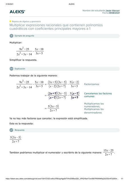 Multiplicar Expresiones Racionales Que Contienen Polinomios Cuadráticos Con Coeficientes