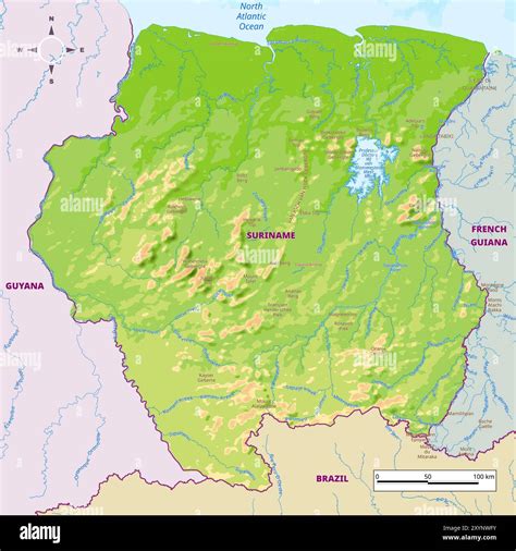 Suriname Physical Map With National Borders Rivers And Lakes