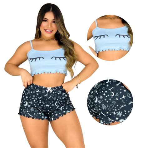 Pijama Feminino Cropped Ondinha Babydoll Blogueirinha Curto Shopee Brasil