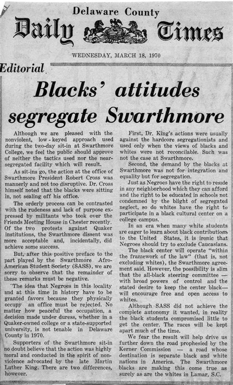 Blacks' attitudes segregate Swarthmore · Black Liberation 1969 Archive