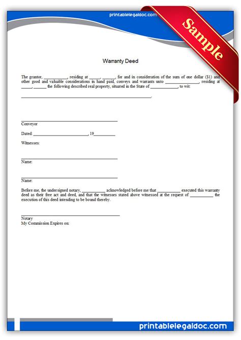 Free Printable Warranty Deed Form (GENERIC)