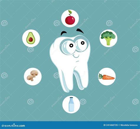 Happy Tooth Surrounded By Good Food Vector Cartoon Stock Vector