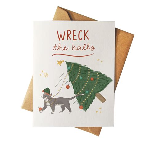 Wreck The Halls Funny Cat Holiday Card Cute Illustration Greeting Card