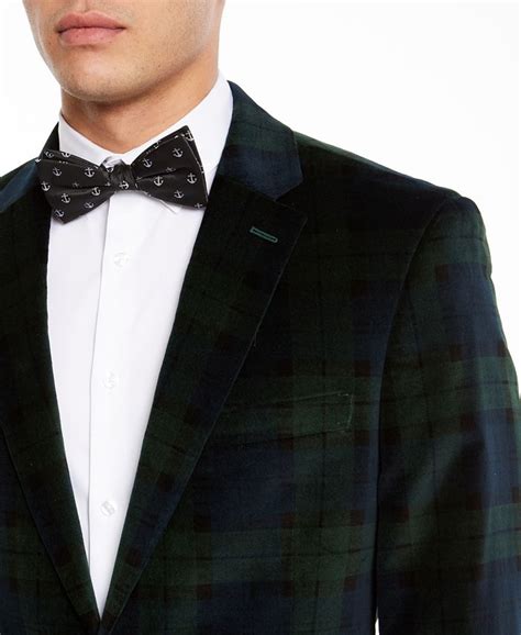 Tommy Hilfiger Mens Modern Fit Greennavy Blue Plaid Velvet Sport Coat