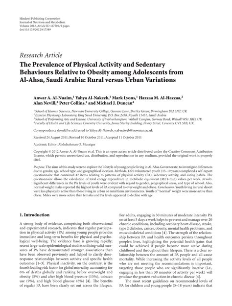 Pdf The Prevalence Of Physical Activity And Sedentary Behaviours