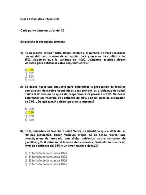 Quiz 1 Estadistica Inferencial I Corte Final Pdf Determinación Del Tamaño De La Muestra